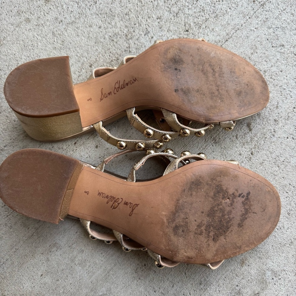 SAM EDELMAN Suri Champagne Gold Studded Mule Heels Size 8 Women Heels 3" Block - Picture 7 of 7